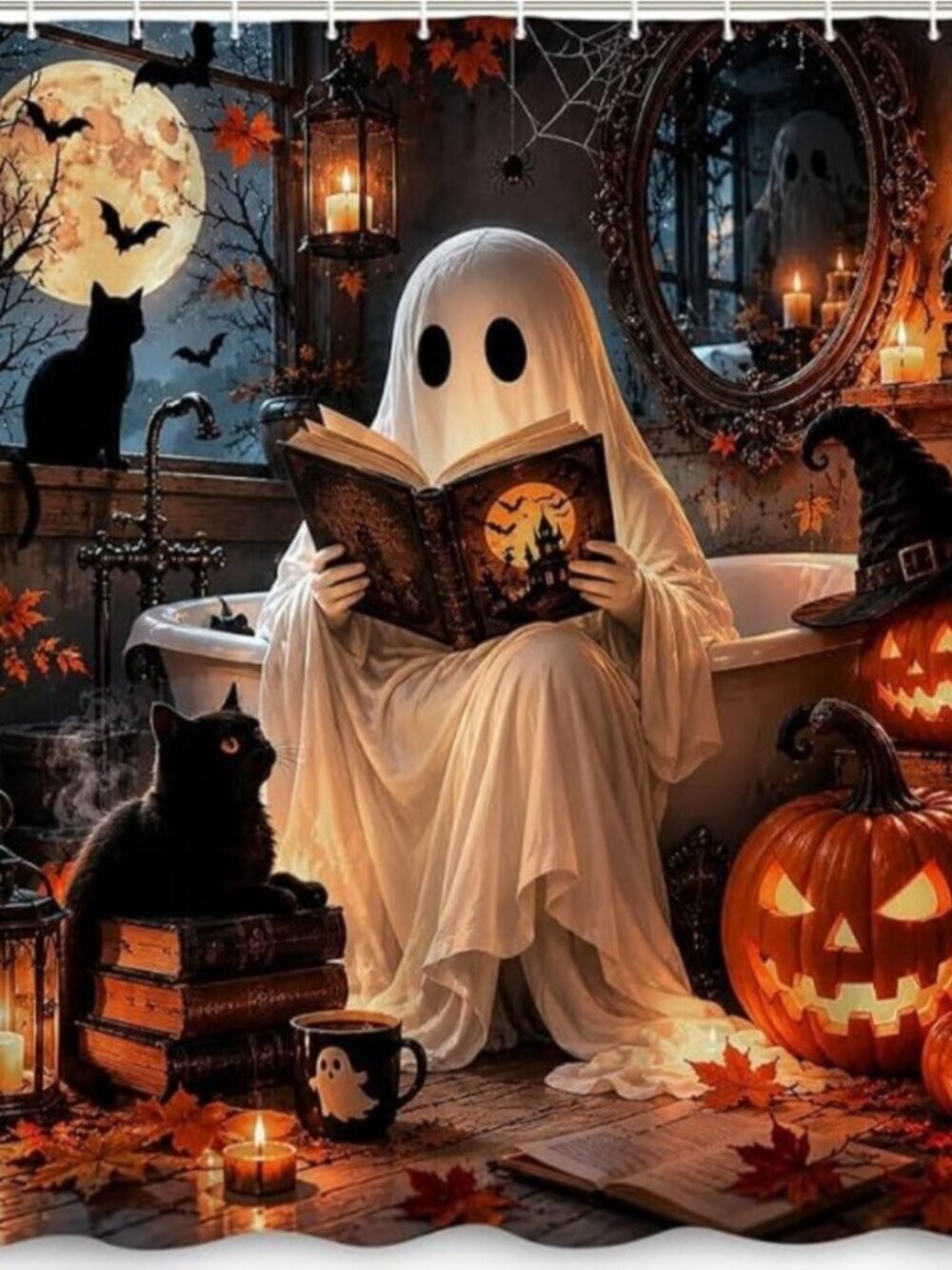 Halloween Ghost Shower Beige Curtain 72x72 Inches 72x72 Inches Waterproof Fabric